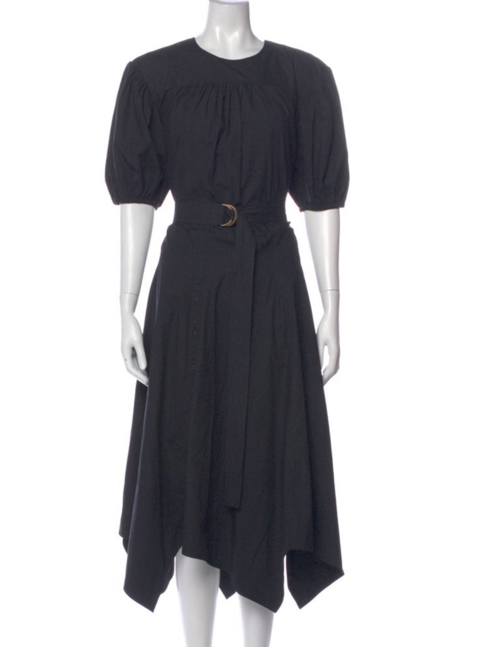 ULLA JOHNSON Arlenis Dress Black Cotton Puff Sleeve Belted Shark Bite Hem Boho 2
